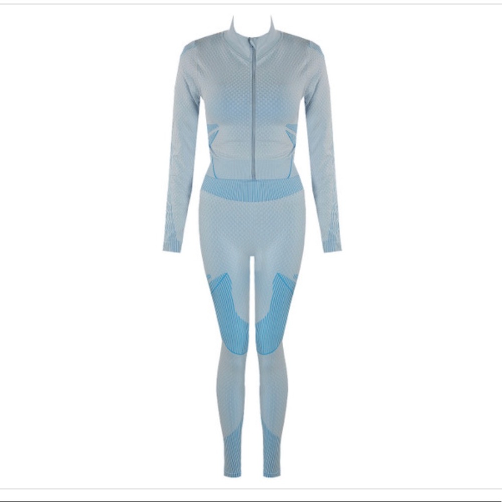 3 blue piece active wear set jacket, sports bra and leggings